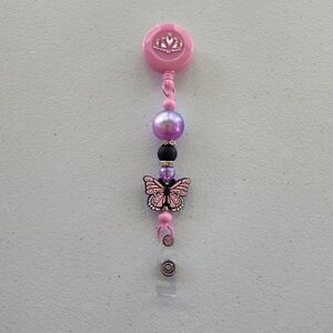 Pink and Purple Beaded Butterfly ID Badge Reel Holder
